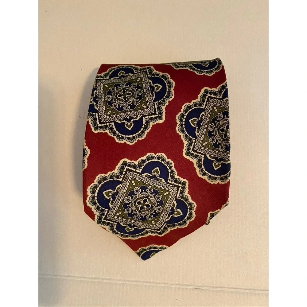 Robert Talbott Nordstrom Silk Tie Burgundy Red Navy Blue Medallion Geometric